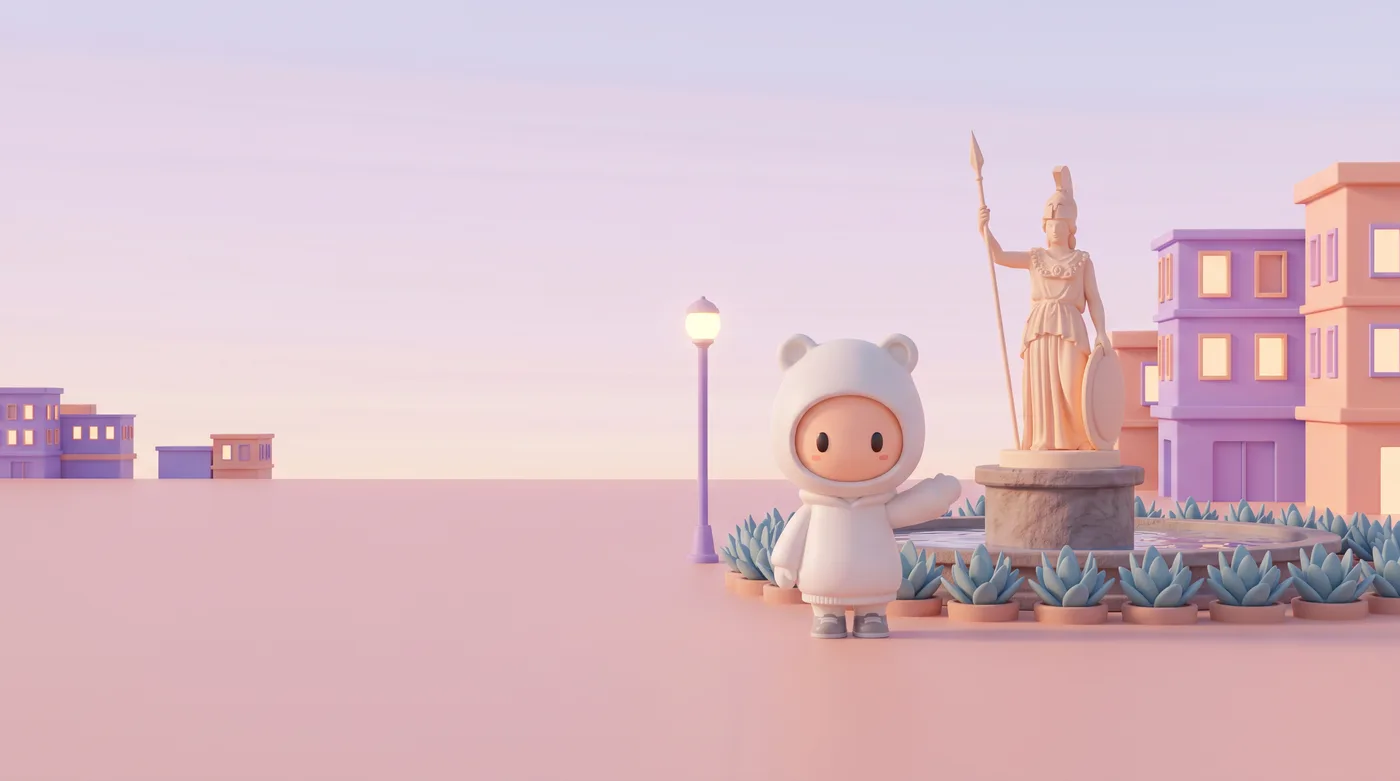 Samantha, the WITS agent, welcomes you in a pastel Guadalajara plaza next to the Minerva statue, with buildings and agaves at dusk.
